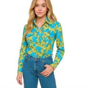 Vtg. Lucky Brand Blue and Green Floral Snap Front Cowgirl Western Shirt Sz M